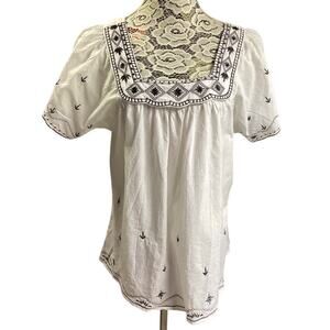 DOTS white peasant-style‎ black embroidery square neckline Large